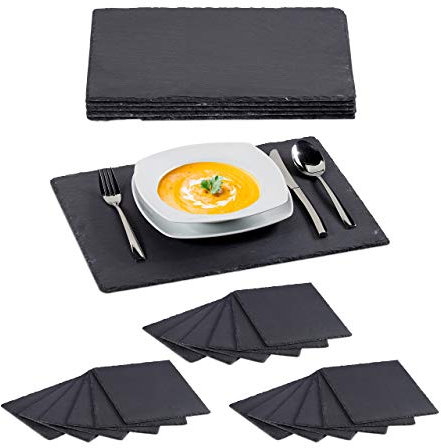 Relaxdays 24x Set Tavolette in Ardesia, Piatti Spaziosi, Vassoio da Portata, Superficie per Scrivere con Gesso, 30x40, Antracite