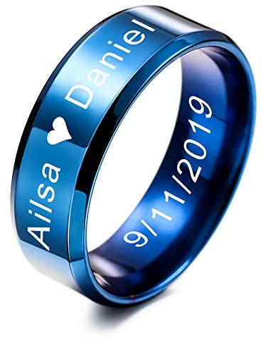 MeMeDIY Herren Trauringe Für Frauen Jungen Mädchen Wasserdicht Edelstahl Versprechen Ring, Bündeln mit Ringgröße Einsteller - Personalisiert Gravur (Blau Farben, 8.0mm Breiten, 67Größe)