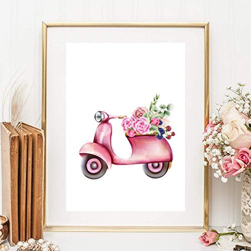 Kunstdruck Din A4 ungerahmt - Roller Vespa Motorroller Romantik Blumen Floral Rosa Pink Druck Bild