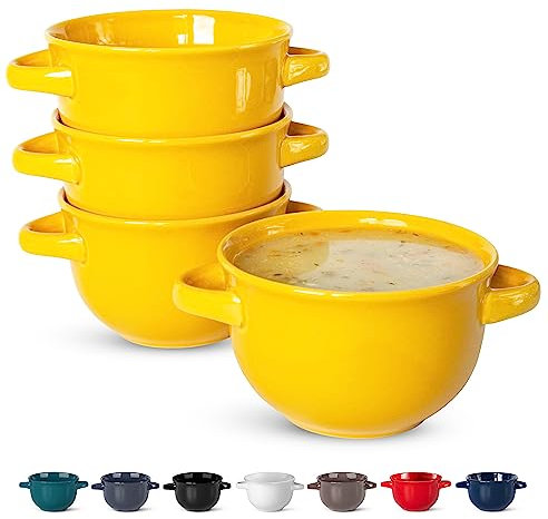 KooK Suppenschüsseln, französische Zwiebelsuppenschalen, Suppentöpfe, ofenfeste Schüsseln, Suppentassen, Keramikschalen, Geschirrspüler, Mikrowelle, 4 Stück, 510.3 g (Gelb)