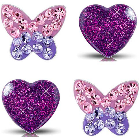 Mädchen Klein-Kinder Ohrringe echt 925 Sterling Silber Edelstahl Set Zirkonia Glitzer Schmetterling Herz (K935+K296)