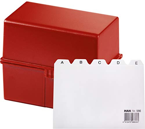 HAN Karteikartenbox DIN A6 für 400 Karteikarten im Querformat/Aufbewahrungsbox aus Plastik mit Deckel & Stahlscharnier/für Schule & Büro (Rot + Register A-Z)