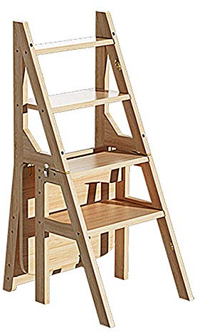 MYAOU Solid Wood Step Ladder 4 Step Folding Step Stool for Adults Plant Stand Indoor Ladder Shelf Dual-Purpose Wooden Chair