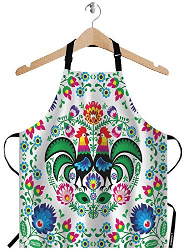 WONDERTIFY Polnische Floral-Volkskunst-Schürze, quadratisches Muster mit Hahn-Lowicz-Ausschnitten Muster, grüne Latzschürze mit verstellbarem Hals für Männer und Frauen, Backen, Grillschürze