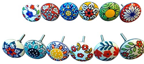 Ajuny Lot de 12 Boutons de Porte Vintage en Céramique Multicolores pour Commodes Tiroirs Armoires Placards Meubles Décoratives Imprimés à la Main pour Poignées de Cuisine Modernes