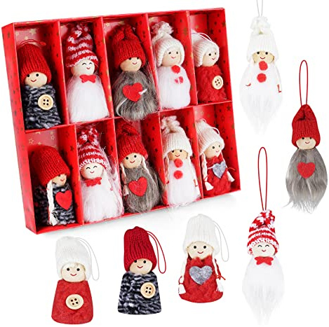 10er Set Weihnachtswichtel aus Holz - Strick Plüsch Baumanhänger Weihnachtsanhänger, Handgemacht Weihnachtsbaum Weihnachten Schmuck Deko Niedlich Weihnachtspuppe in Geschenkbox (Rot Weiß Grau)