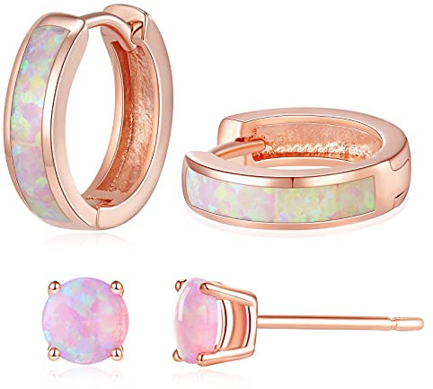 Opal Stud Hoop Earrings Set: Hypoallergenic Small Hoops Earrings for Women Girls Sensitive Ears, Rose Gold, Created Opal