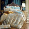 Satin Bettwäsche 135x200 cm 4teilig Golden Gold Blau Blumen Blumenmuster Deckenbezug Glatt Luxus Jacquard Bettbezug Luxuriös Romantisch Wendebettwäsche Set mit Reißverschluss und Kissenbezug 80x80cm