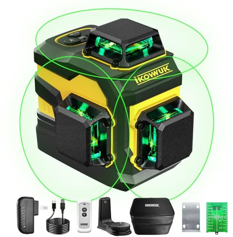 Laser Level, IKOVWUK 3x360° Cross Line Laser for Construction and Picture Hanging, 12 Green Lasers with Self-Leveling, 50m Vertical & Horizontal Line, Level Tool with 5200 mAh Rechargeable Battery