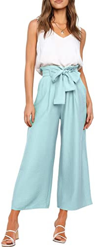 FANCYINN Damen 2 teiliges Crop Pants Set mit weitem Bein Wide Strap V-Ausschnitt Tank High Waist Cropped Paper Bag Hose mit Gürtel Hellblaue Hose und weißes Top M