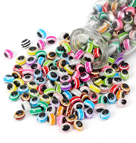 200pcs Oval Evil Eye Beads Handmade Resin Lampwork Beads 10mm Charms Spacer Beads with Elastic Rope for Bracelets Necklace Jewelry Craft Making (Oval-Multi-Color)