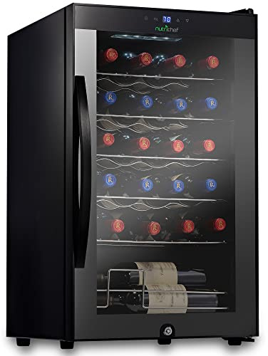 NutriChef Weinkühlschrank, 24 Flaschen und 67,7 Liter Fassungsvermögen, Single Zone Chiller mit digitaler Touch-Taste, Platzierung für Flaschen und Luftdichtung