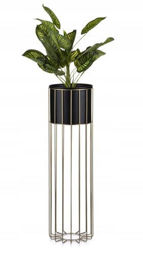 HowHomely Moderne Blumenständer Metall 70 cm Hoch mit Schwarz Blumentopf Rund 19 cm Ø auf Robuste Gold Ständer - Pflanzenständer zur Dekoration Innenräumen