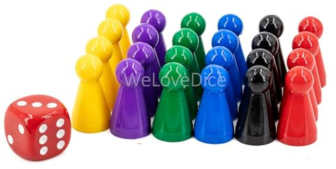 WeLoveDice Spielfiguren - Halmakegel Set - Made in Germany (Rot, Gelb, Blau, Grün, Lila, Schwarz + 1 Würfel)