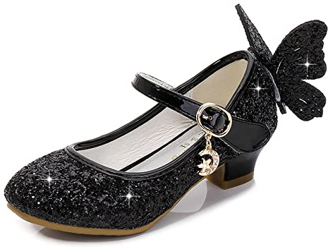KUWIBY Girl Sandals Glitter Princess Shoes Sequin Party Shoes Bling Bowknot High Heels Wedding Birthday Dress Comfort Bright Diamond Cosplay Dance for Little Girls Christmas Black