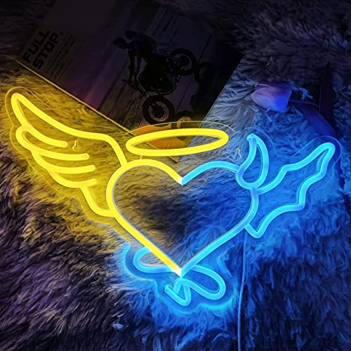 LZXSXZ Neon Schild, Engel und Teufel LED Neonlicht, Blau + Gelb LED Lichtzeichen Neon Neon Schild Nachtlichter, Acryl USB Neon Sign Leuchtschrift für Wand Game Room Bar Party Deko