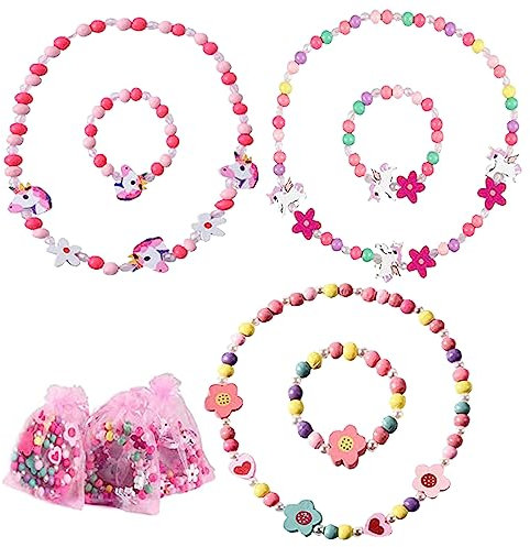 Zkaoai 6 Stück Holz Kinder Schmuck Set, Mädchen Schmuck, Einhorn Perlen Halskette und Armband, Bunte Holz Schmuck Perlen für Geburtstags Kinder Mitgebsel, Prinzessin Mädchen Dress Up