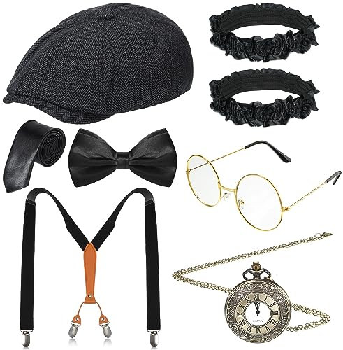 1920er Herren Accessoires Gatsby Kostüm Zubehör 20er Jahre Verkleidung Schiebermütze Hosenträger Fliege Krawatte Taschenuhr Brille Ärmelhalter Kunststoff Halter (Ballonmütze)