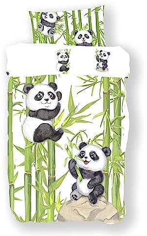 Koru Kids® Kinderbettwäsche 135x200 cm Panda – 2-teiliges Set mit Kissenbezug 80x80 cm – 100% Baumwolle – Bettwäsche 135x200 Kinder – Wendebettwäsche – Bettwäsche Kinder Mädchen Junge