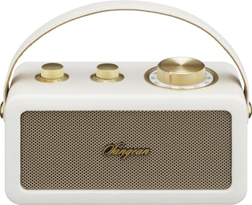 Sangean RA-101, tragbarer Bluetooth-Lautsprecher im Retro-Stil mit FM, integriertem Akku, True Wireless Stereo-Funktion, Weiß-Gold