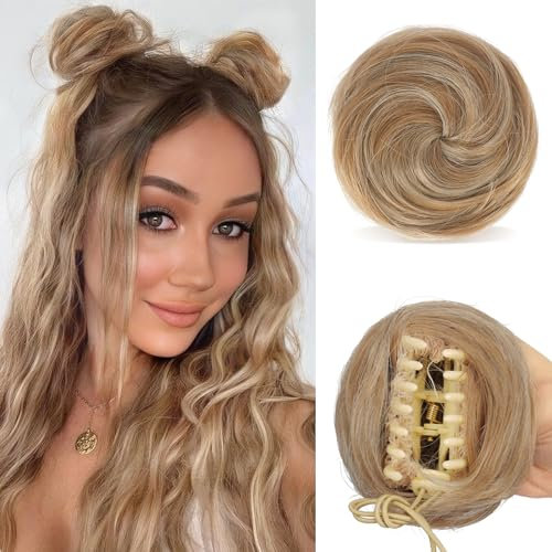 Sofeiyan 2PCS Krallen Clip in Haar Bun Mini Messy Bun Haarteile Dutt mit Klammer Synthetik Haar Scrunchies Haar Donut Chignon Pferdeschwanz Haarteil Dutt für Damen,Honigblond gemischt Platinblond