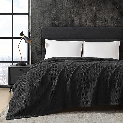 Kenneth Cole - Queen Blanket, Lightweight Cotton Home Bedding, Cozy Blanket for All Seasons (Waffle Grid Black, Queen)