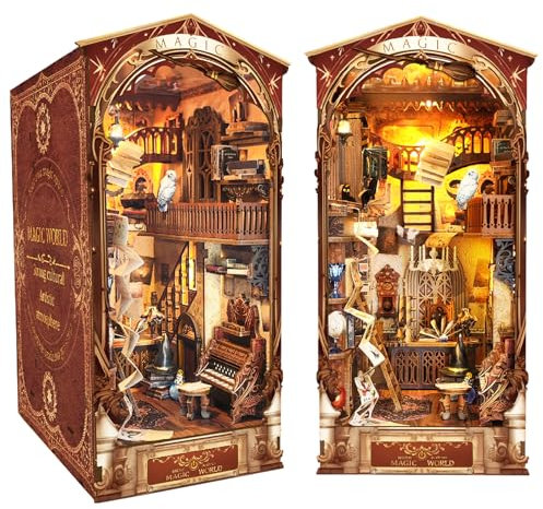 Spilay DIY Book Nook Kit, Miniatur Haus Booknook Bücherregal Insert Decor Alley, Buchstützen Modell Build-Creativity Kit Mit Staubschutz (Wizarding World with Led Dust Cover)