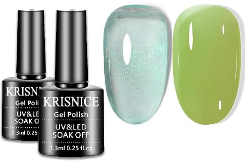 KRISNICE Green Gel Nail Polish Jelly Sheer UV/LED Soak Off Light for Autumn and Winter Glitter Jelly Blue Gel Nail Polish(KCS2-019)