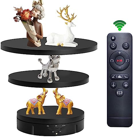 Yabound Plato giratorio eléctrico, 3 en 1, base giratoria eléctrica de 360 grados, expositor giratorio con velocidad de rotación ajustable y ángulo para fotografía, joyas, expositor, negro