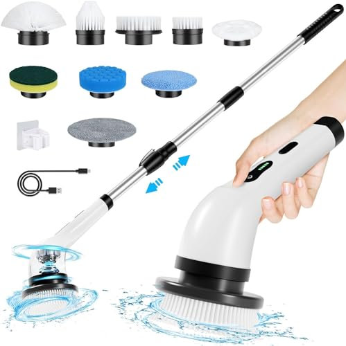Brosse Electrique Nettoyage Rotative - Yorraka Electric Spin Scrubber avec 9 Têtes de Brosse Remplaçables - Brosse électrique avec Poignée Réglable - pour Salle de Bain Cuisine Voiture (Blanc-Noir)