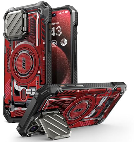 SUPCASE RedCircuit Schutzhülle für iPhone 15 Pro Max mit Ständer, kompatibel mit MagSafe, integrierte Kamera-Abdeckung, militärischer Schutz, robuste magnetische Handyhülle für iPhone 15 Pro Max, Rot