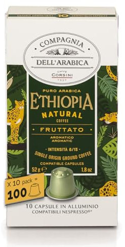 Caffè Corsini - Éthiopie 100 Capsules Compatibles Nespresso, Café 100% Arabica, Intensité 8/13, 10 Boîtes de 10 Capsules, 520g