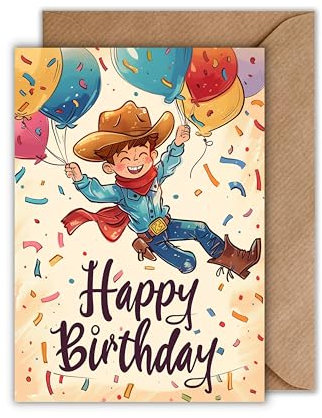 WBdesignz Geburtstag Karte mit Umschlag - Coole Cowboy Geburtstagskarte Junge “Happy Birthday Luftballon Kinder Glückwunschkarte zum Geburtstag (DIN A6)