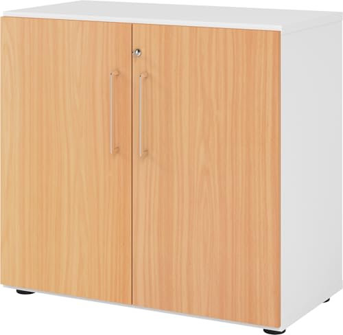 bümö Aktenschrank abschließbar, Büroschrank Holz 80cm breit in Weiß/Buche - abschließbarer Schrank mit Aktenregal für's Büro & Arbeitszimmer, Büro Möbel Ordnerschrank mit Schloss