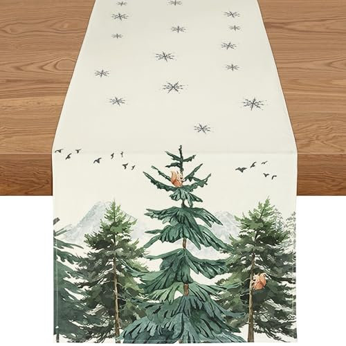 YCOLL Weihnachtsdeko Tisch Tischläufer Weihnachten Tischläufer Grün Kiefern Winter Wasserabweisend Tischläufer Modern Weihnachtstischläufer für Drinnen und Draußen Party Küche Esstisch Dekoration