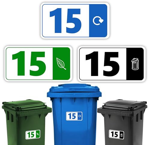3 x Bin Numbers for Wheelie Bins, 1-99, ‘Waste Icon’ Design, 10x19cm Dustbin Stickers, Easy Application Stick On Number Stickers - Weatherproof Self Adhesive Vinyl – Blue, Black and Green (15)