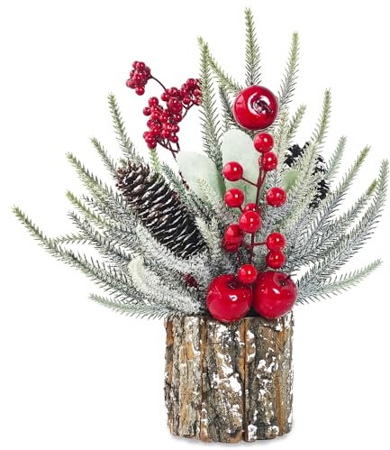 SHEPIN Weihnachten Tischdeko im Holz Topf, 35cm Kleine Künstliche Tannenzweige Weihnachtsbaum mit Beeren und Tannenzapfen, Mini Künstliche Pflanzen Tannenbaum Weihnachtsblume Weihnachten Deko