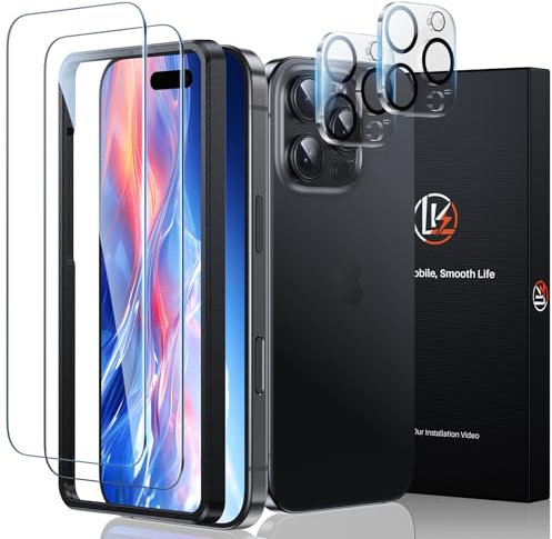 LK Schutzfolie für iPhone 16 Pro Panzer Schutz Glas, 2 Stücke Panzerfolie und 2 Stücke Kamera Schutzglas, 9H Härte Folie mit Rahmen-Installationshilfe, HD Klar, Anti- Kratzer, Bläschenfrei Folie