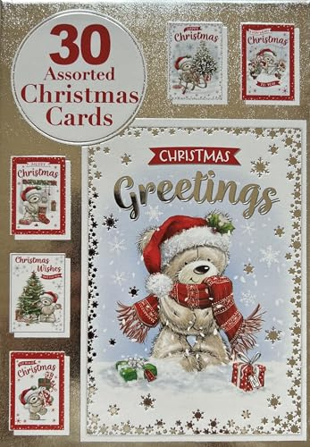 Christmas Greetings Assorted Christmas Cards Box Multi Pack of 30 Bear