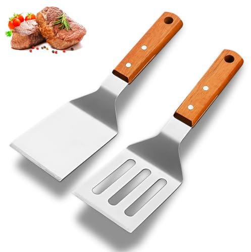 Set di 2 spatole in acciaio inox, spatole da cucina, spatola plancha, spatola liscia e perforata con manici in legno per teppanyaki, hamburger, bistecca, pizza, backble