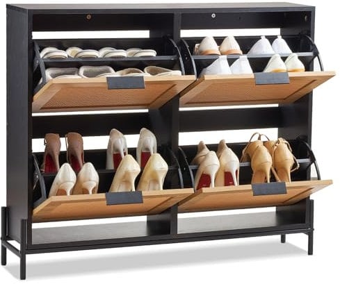 VEVOR Rattan Shoe Cabinet, Narrow Shoe Storage Organizer with 4 Flip Drawers, Slim Shoe Entryway Storage Cabinet with Metal Legs, Ideal for Entryway, Closet, Hallway, Light Wood Color