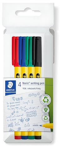 STAEDTLER Noris - Handwriting Pen - 4 Assorted Colours - Pack of 4, 307 C4 | Water-based ink, recycled housing - for children and adults - item no. 307 C4