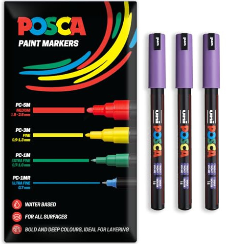 Posca Water Based Acrylic Paint Marker Pens | Multi Surface Use Permanent Paint Pen | Pack of 3 Pens in Envelope Gift Packaging | Glass, Fabric, Canvas, Wood etc | PC-1MR, Violet