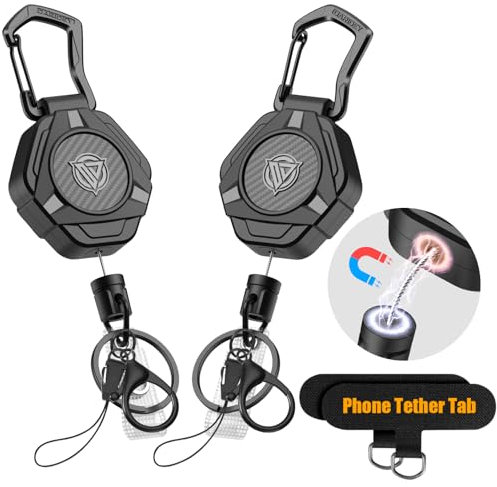 Oaridey Magnetic Retractable Keychain, Heavy Duty Lanyard with Phone Tether Tabs, Tactical ID Card Holder Retractable Badge Reel with 31.8'' Coated Steel Cord Bearing 10.0 oz - 2 Pack