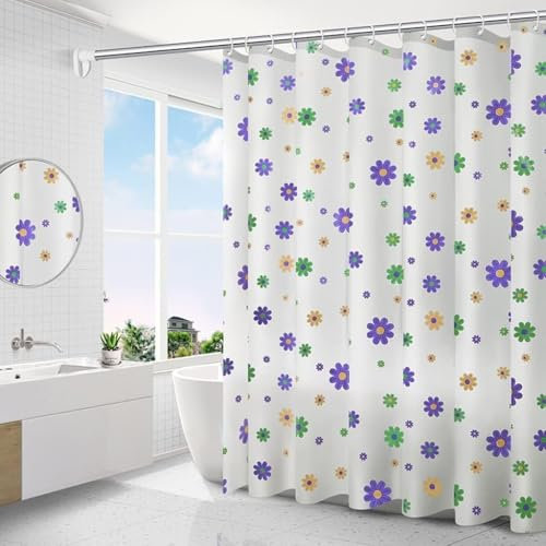 IGINOA Rideau de Douche Anti Moisissure Imperméable 180x200 Vert Shower Curtain Fleurs Violettes avec Œillets Résistant à la Moisissure pour Baignoire et Douche