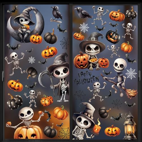 sulanmo Autocollants de Fenêtre d'Halloween, Autocollant Électrostatique Amovible pour Fenêtre d'Halloween, Décoration d'Halloween avec Squelette Citrouille, 8 feuilles