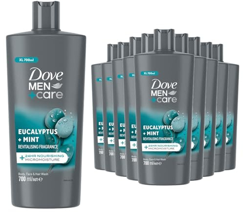 Dove Men +Care Eucalyptus + Mint 3-in-1 Hair, Face and Body Wash Body Cleanser Shower Gel, Pack of 12, 24 Hour Micro Moisture Technology Invigorate and Refreshing 700 ml