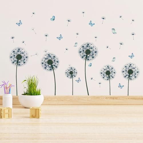 Wandtattoo Pusteblume, Bunte Wandtattoo Löwenzahn, Wandaufkleber Blumen für Kinderzimmer Mädchen, Schmetterling Pflanzen Blumen Wandsticker für Babyzimmer Wohnzimmer Wanddeko (B)