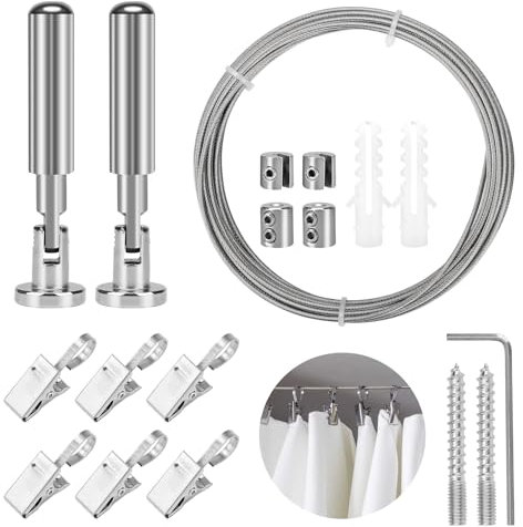 5m Wandhalterung Set, Edelstahl Vorhangdraht, Gardine Stahlseil mit 6 Metall Clips, Gardinenseil Vorhang Seilspanngarnitur Gardinen, Wäscheleine Gardinenseil für Vorhang, Duschvorhänge, Fotos