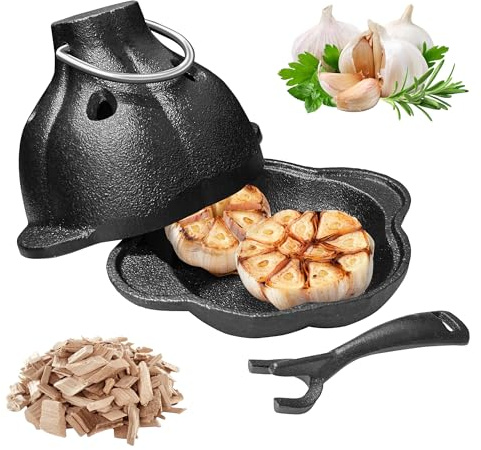 Bonfino Cast Iron Garlic Roaster with Handle, Grill Smoker Box, Potato Baker, Pre-Seasoned Cast Iron Smoker Roaster for Grill, Perfect for Kitchen Oven or Outdoors on a BBQ Grill Stove